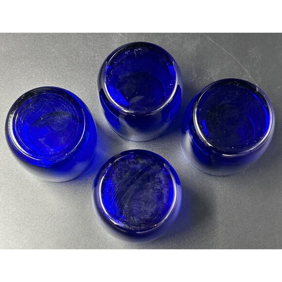 Cobalt Blue Lowball Art Glass Hand Blown Glasses Set of 4 Glasses 3.25 In Tall - Picture 5 of 5